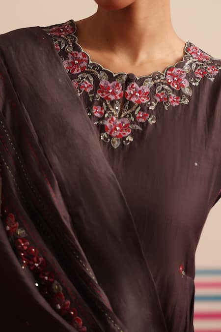 Shop_Beige_Brown Chanderi, Cotton Satin Sequins, Beads Round Floral Embroidered Kurta Set  _Online_at_Aza_Fashions