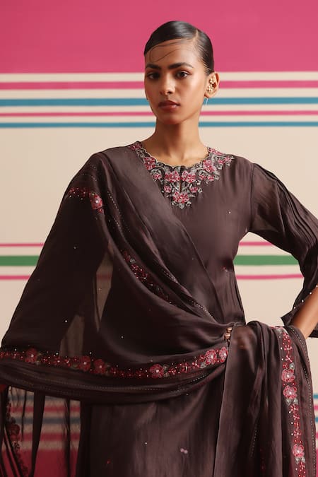 Buy_Beige_Brown Chanderi, Cotton Satin Sequins, Beads Round Floral Embroidered Kurta Set  