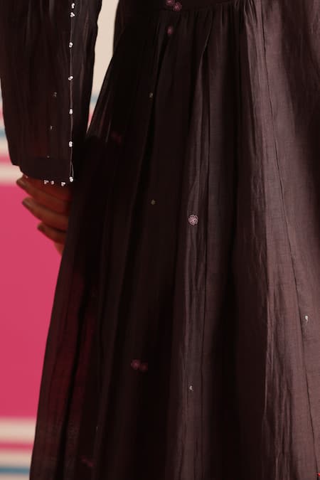 Shop_Beige_Brown Chanderi, Cotton Satin Sequins, Beads Round Floral Embroidered Kurta Set  