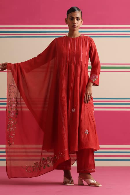 Beige Chanderi Box Pleated Kurta Set 