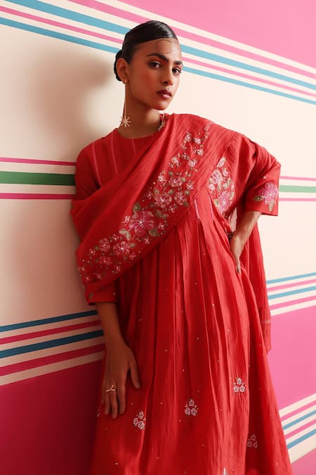 Shop_Beige_Red Chanderi, Cotton Satin Embroidery, Sequins, Beads Box Pleated Kurta Set _Online_at_Aza_Fashions