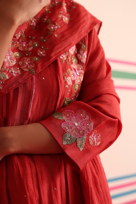 Beige_Red Chanderi, Cotton Satin Embroidery, Sequins, Beads Box Pleated Kurta Set _at_Aza_Fashions