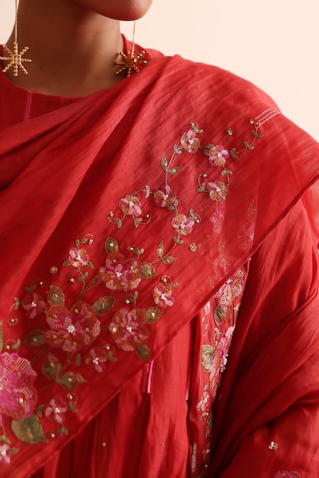 Buy_Beige_Red Chanderi, Cotton Satin Embroidery, Sequins, Beads Box Pleated Kurta Set 