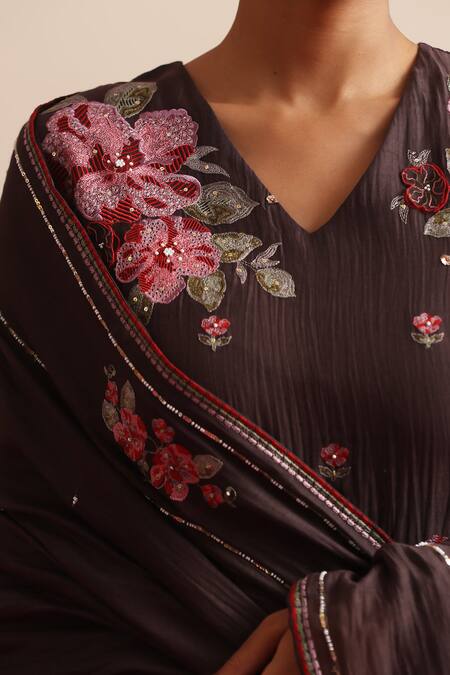 Shop_Beige_Brown Chanderi, Cotton Satin Embroidery, Sequins, Beads Floral Mul Kurta Set _Online_at_Aza_Fashions