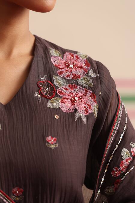 Beige_Brown Chanderi, Cotton Satin Embroidery, Sequins, Beads Floral Mul Kurta Set _at_Aza_Fashions