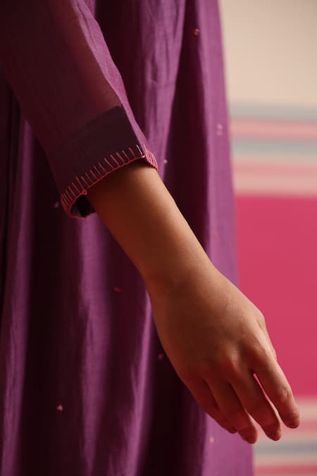 Beige_Purple Chanderi, Cotton Satin Sequins, Beads, Floral Kurta And Pant Set _Online_at_Aza_Fashions