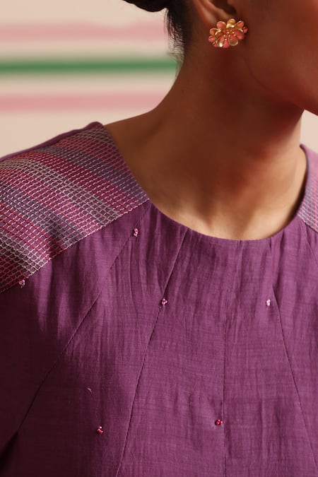 Shop_Beige_Purple Chanderi, Cotton Satin Sequins, Beads, Floral Kurta And Pant Set _Online_at_Aza_Fashions