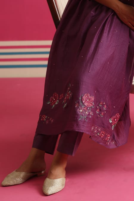 Beige_Purple Chanderi, Cotton Satin Sequins, Beads, Floral Kurta And Pant Set _at_Aza_Fashions