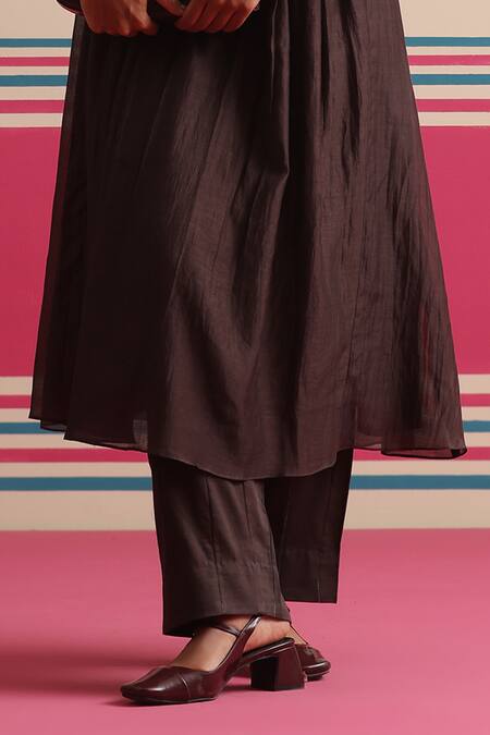 Beige_Brown Chanderi, Cotton Satin Applique, Floral Pleated Yoke Kurta And Pant Set _Online_at_Aza_Fashions