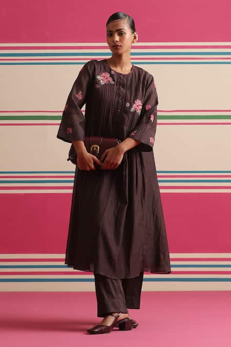 Shop_Beige_Brown Chanderi, Cotton Satin Applique, Floral Pleated Yoke Kurta And Pant Set _Online_at_Aza_Fashions