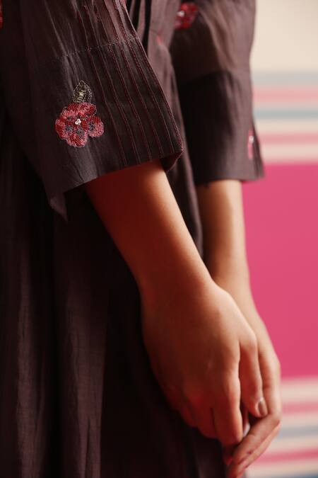 Beige_Brown Chanderi, Cotton Satin Applique, Floral Pleated Yoke Kurta And Pant Set _at_Aza_Fashions