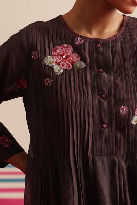 Buy_Beige_Brown Chanderi, Cotton Satin Applique, Floral Pleated Yoke Kurta And Pant Set 