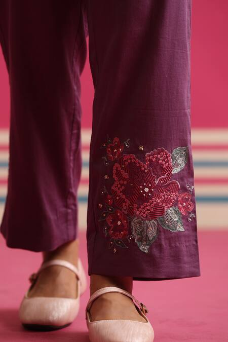 Beige_Purple Chanderi, Cotton Satin Embroidery, Floral Pleated Kurta And Pant Set _Online_at_Aza_Fashions