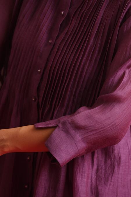 Buy_Beige_Purple Chanderi, Cotton Satin Embroidery, Floral Pleated Kurta And Pant Set _Online_at_Aza_Fashions