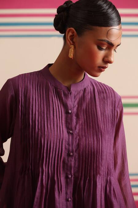 Shop_Beige_Purple Chanderi, Cotton Satin Embroidery, Floral Pleated Kurta And Pant Set _Online_at_Aza_Fashions
