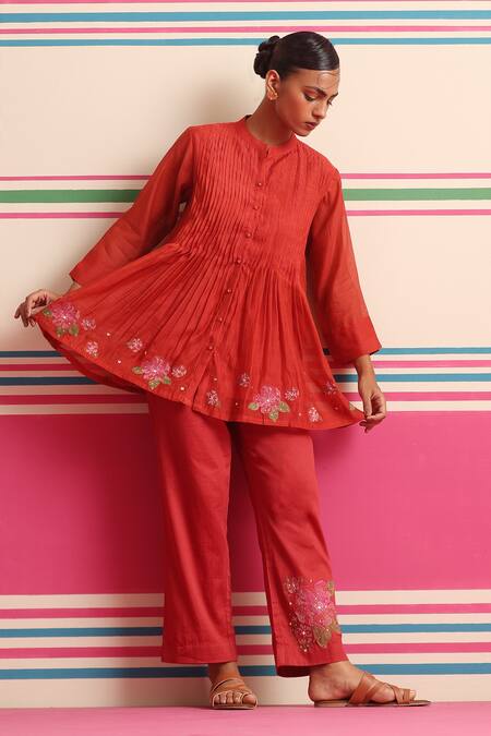 Buy_Beige_Red Chanderi, Cotton Satin Beads, Sequins, Floral Pleated Kurta And Pant Set _Online_at_Aza_Fashions
