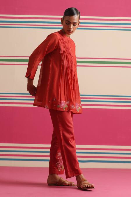 Shop_Beige_Red Chanderi, Cotton Satin Beads, Sequins, Floral Pleated Kurta And Pant Set _Online_at_Aza_Fashions