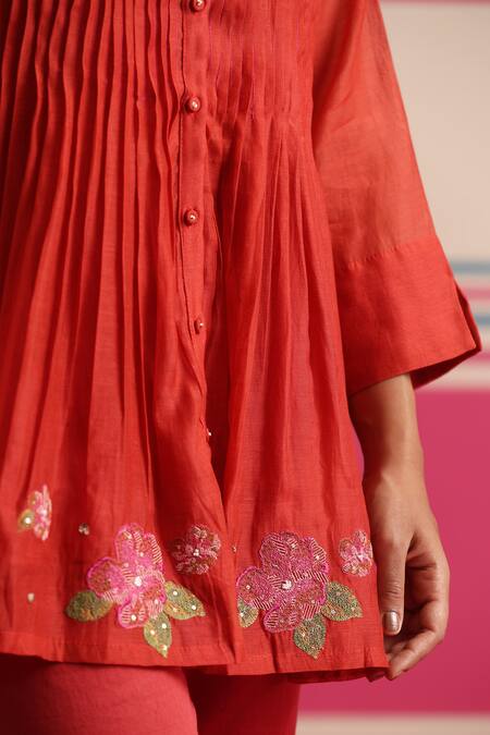 Beige_Red Chanderi, Cotton Satin Beads, Sequins, Floral Pleated Kurta And Pant Set _at_Aza_Fashions