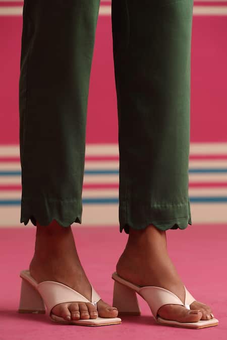 Beige_Green Chanderi, Cotton Satin Beads, Sequins, Applique, Kurta And Pant Set _Online_at_Aza_Fashions