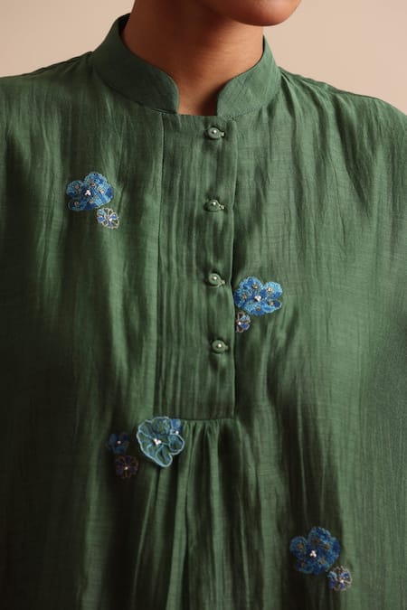 Beige_Green Chanderi, Cotton Satin Beads, Sequins, Applique, Kurta And Pant Set _at_Aza_Fashions