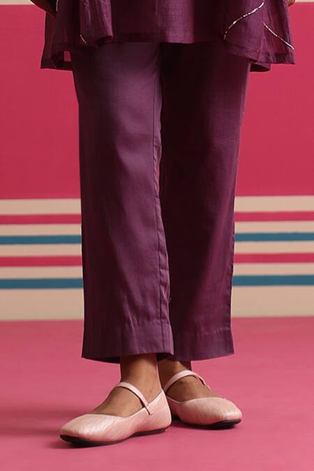 Beige_Purple Chanderi, Cotton Satin Beads, Sequins, Floral Kurta And Pant Set _Online_at_Aza_Fashions