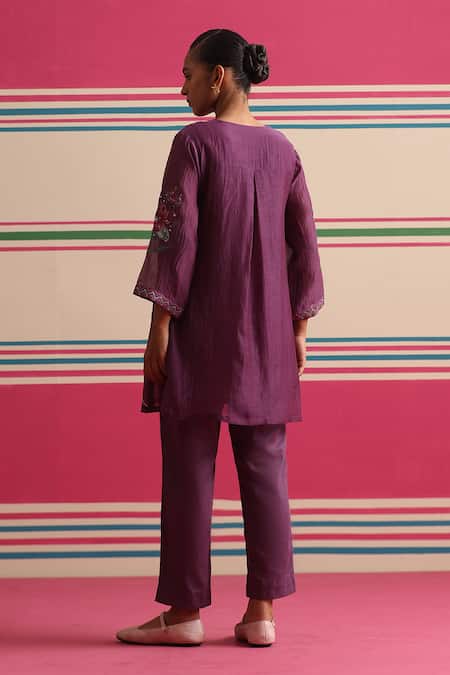 Beige Floral Embroidered Kurta & Pant Set 