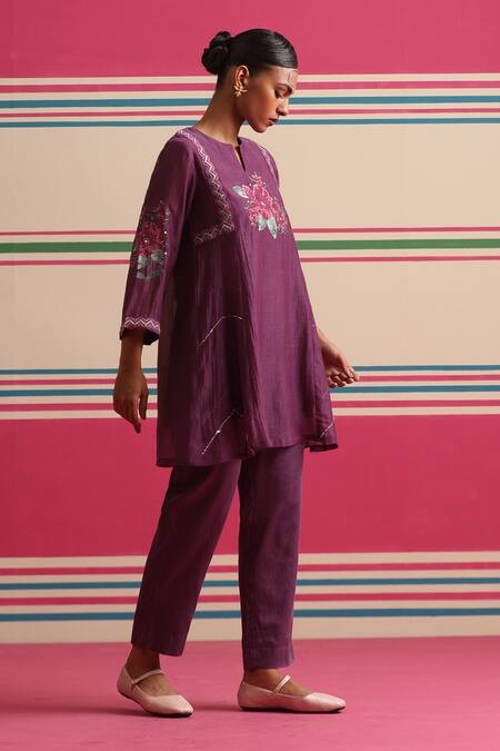 Buy_Beige_Purple Chanderi, Cotton Satin Beads, Sequins, Floral Kurta And Pant Set _Online_at_Aza_Fashions