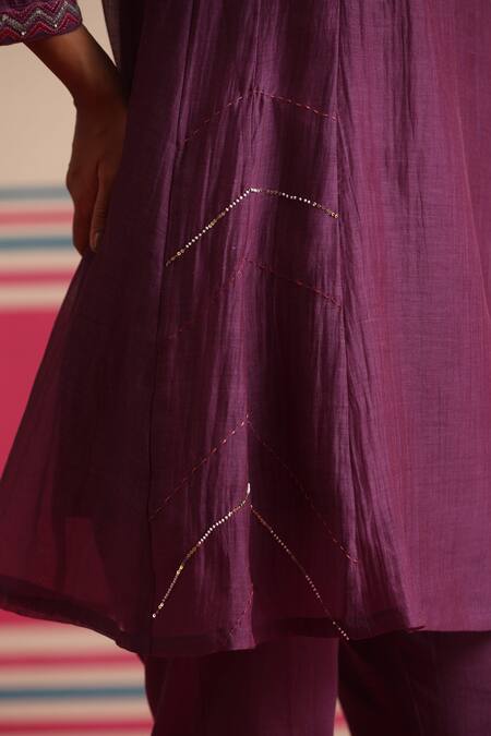 Beige_Purple Chanderi, Cotton Satin Beads, Sequins, Floral Kurta And Pant Set _at_Aza_Fashions