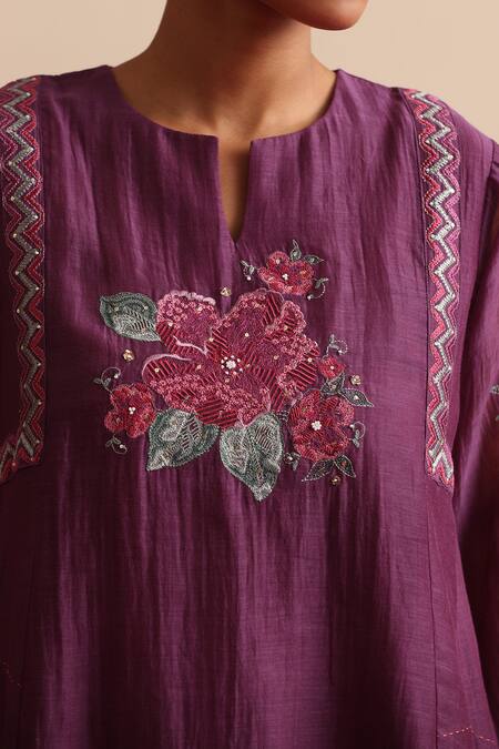 Buy_Beige_Purple Chanderi, Cotton Satin Beads, Sequins, Floral Kurta And Pant Set 