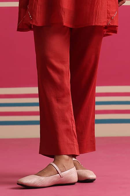 Beige_Red Chanderi, Cotton Satin Embroidery, Beads, Sequins Floral Kurta And Pant Set _Online_at_Aza_Fashions