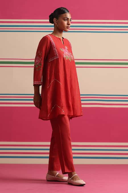 Buy_Beige_Red Chanderi, Cotton Satin Embroidery, Beads, Sequins Floral Kurta And Pant Set _Online_at_Aza_Fashions