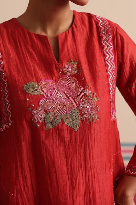 Beige_Red Chanderi, Cotton Satin Embroidery, Beads, Sequins Floral Kurta And Pant Set _at_Aza_Fashions