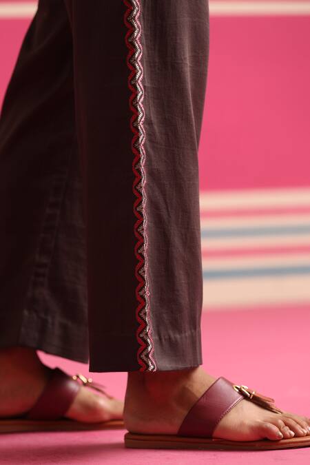 Beige_Brown Chanderi, Cotton Satin Embroidery, Beads, Sequins Floral Kurta And Pant Set _Online_at_Aza_Fashions