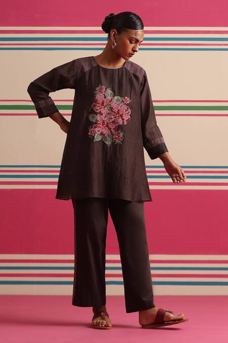 Buy_Beige_Brown Chanderi, Cotton Satin Embroidery, Beads, Sequins Floral Kurta And Pant Set _Online_at_Aza_Fashions