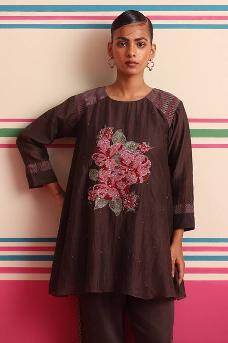 Shop_Beige_Brown Chanderi, Cotton Satin Embroidery, Beads, Sequins Floral Kurta And Pant Set _Online_at_Aza_Fashions