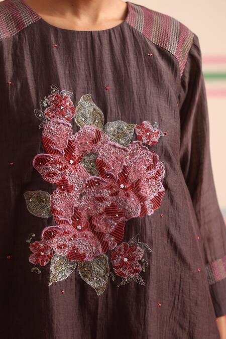 Beige_Brown Chanderi, Cotton Satin Embroidery, Beads, Sequins Floral Kurta And Pant Set _at_Aza_Fashions