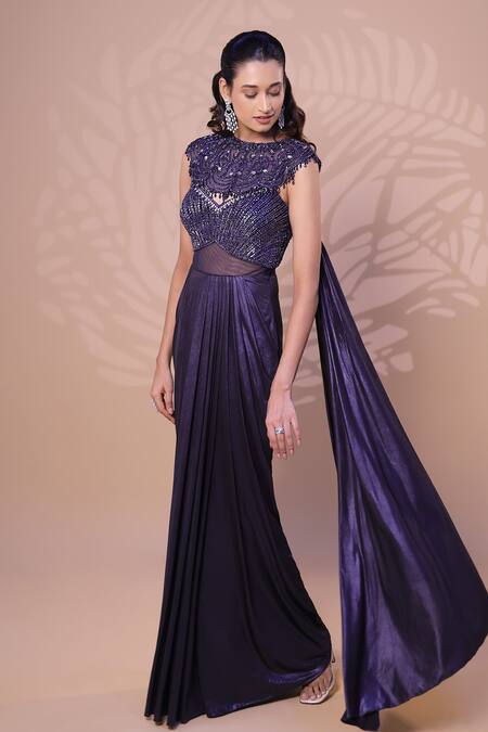 Jiya by Veer Design Studio_Purple Lycra, Net Sequins, Stones Metallic Saree Gown With Embellished Cape _Online_at_Aza_Fashions