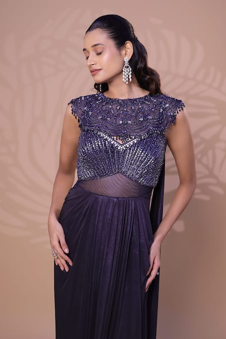 Buy_Jiya by Veer Design Studio_Purple Lycra, Net Sequins, Stones Metallic Saree Gown With Embellished Cape _Online_at_Aza_Fashions
