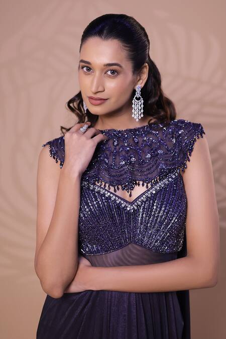Shop_Jiya by Veer Design Studio_Purple Lycra, Net Sequins, Stones Metallic Saree Gown With Embellished Cape _Online_at_Aza_Fashions