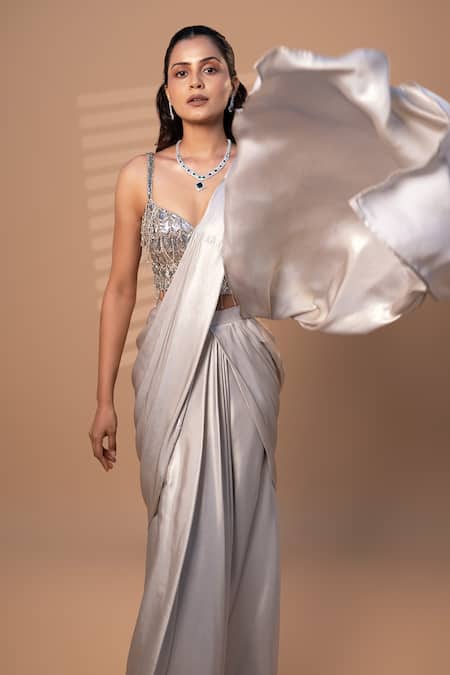 Jiya by Veer Design Studio_Grey Lycra Beads, Sequins, Fringe Pre-draped Saree With Embellished Blouse _Online_at_Aza_Fashions