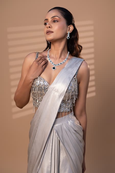 Shop_Jiya by Veer Design Studio_Grey Lycra Beads, Sequins, Fringe Pre-draped Saree With Embellished Blouse _Online_at_Aza_Fashions