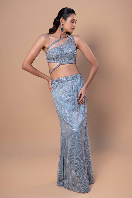 Jiya by Veer Design Studio_Blue Net Beads, Sequins, Embroidery, Ruffles One Shoulder Mermaid Skirt Set _Online_at_Aza_Fashions