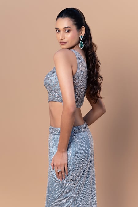 Buy_Jiya by Veer Design Studio_Blue Net Beads, Sequins, Embroidery, Ruffles One Shoulder Mermaid Skirt Set _Online_at_Aza_Fashions