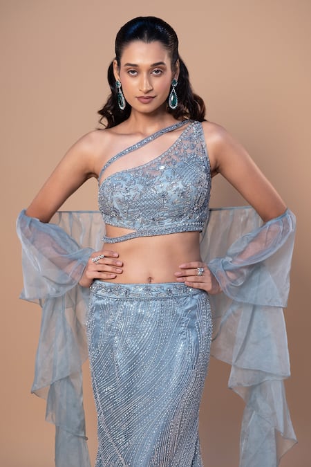 Jiya by Veer Design Studio_Blue Net Beads, Sequins, Embroidery, Ruffles One Shoulder Mermaid Skirt Set _at_Aza_Fashions