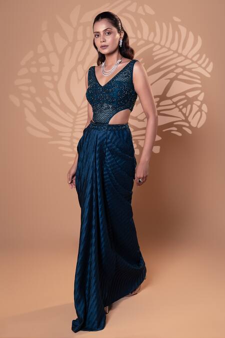 Jiya by Veer Design Studio_Blue Satin, Georgette Beads, Sequins V-neck Teal Draped Gown _Online_at_Aza_Fashions