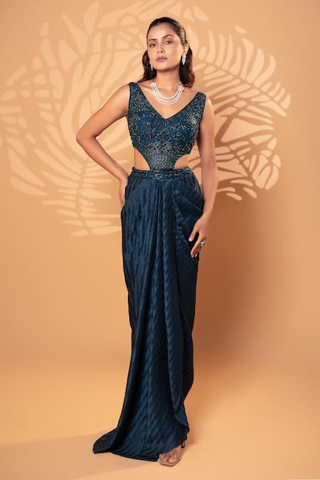 Buy_Jiya by Veer Design Studio_Blue Satin, Georgette Beads, Sequins V-neck Teal Draped Gown _Online_at_Aza_Fashions
