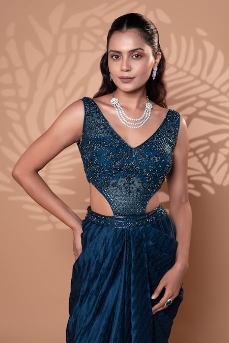 Jiya by Veer Design Studio_Blue Satin, Georgette Beads, Sequins V-neck Teal Draped Gown _at_Aza_Fashions