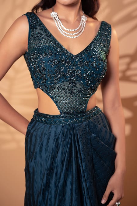 Buy_Jiya by Veer Design Studio_Blue Satin, Georgette Beads, Sequins V-neck Teal Draped Gown 