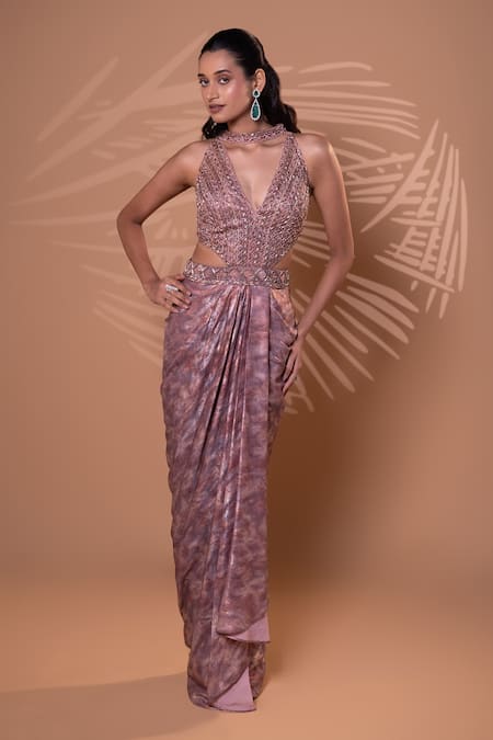 Jiya by Veer Design Studio_Mauve Beads, Metallic Thread V-, Choker Glimmer Draped Gown _Online_at_Aza_Fashions