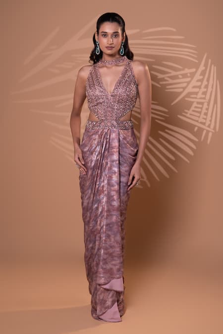 Jiya by Veer Design Studio Mauve Glimmer Draped Gown 